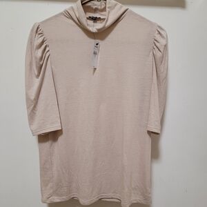 Nwt Express Skimming Linen-Blend Mock Neck Puff Sleeve Tee